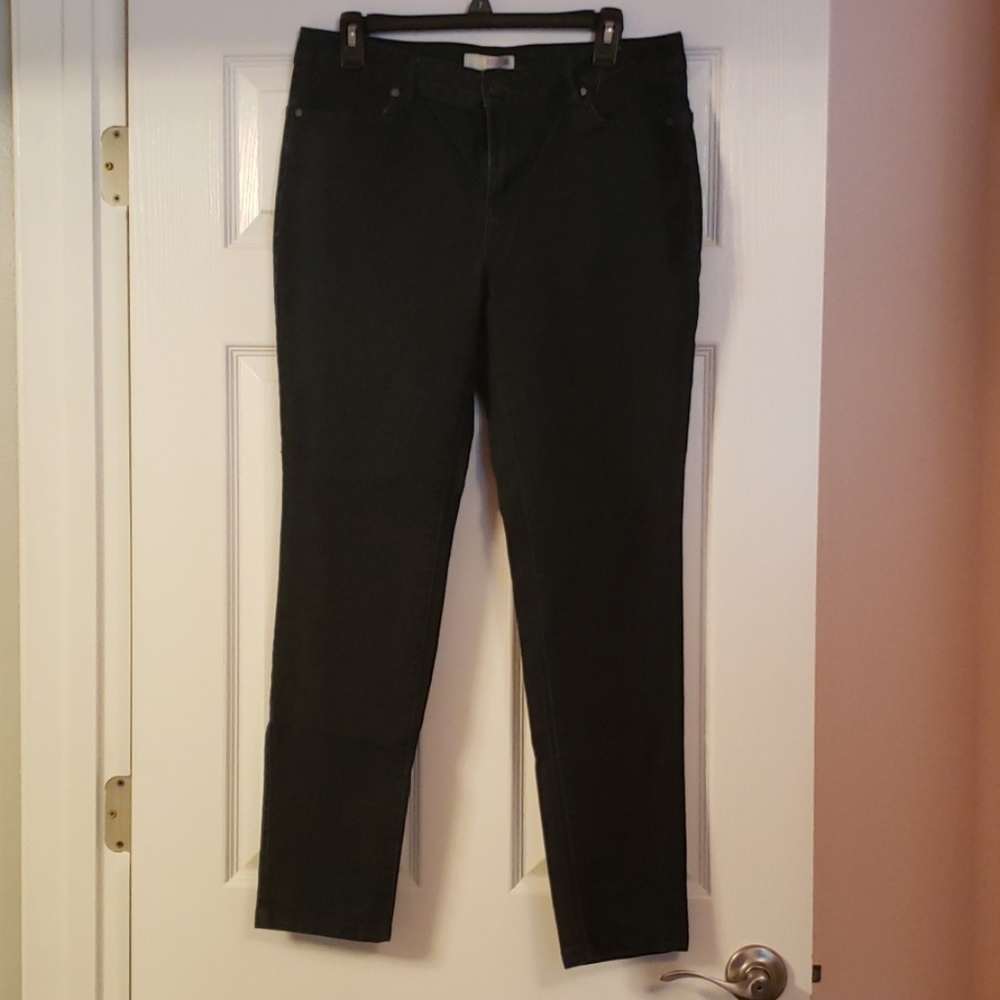 Dark wash jeans.